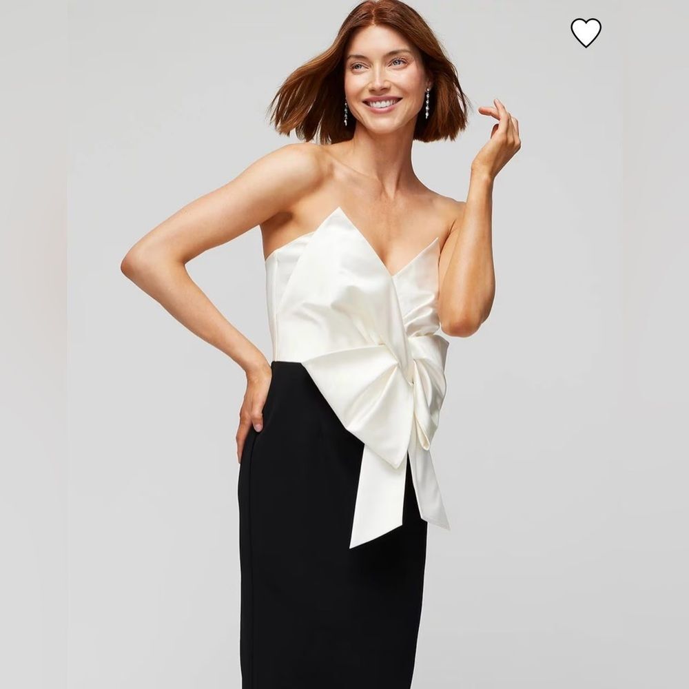 White House Black Market Strapless Contrast Bow Dress 6P Satin Fitted Feminine